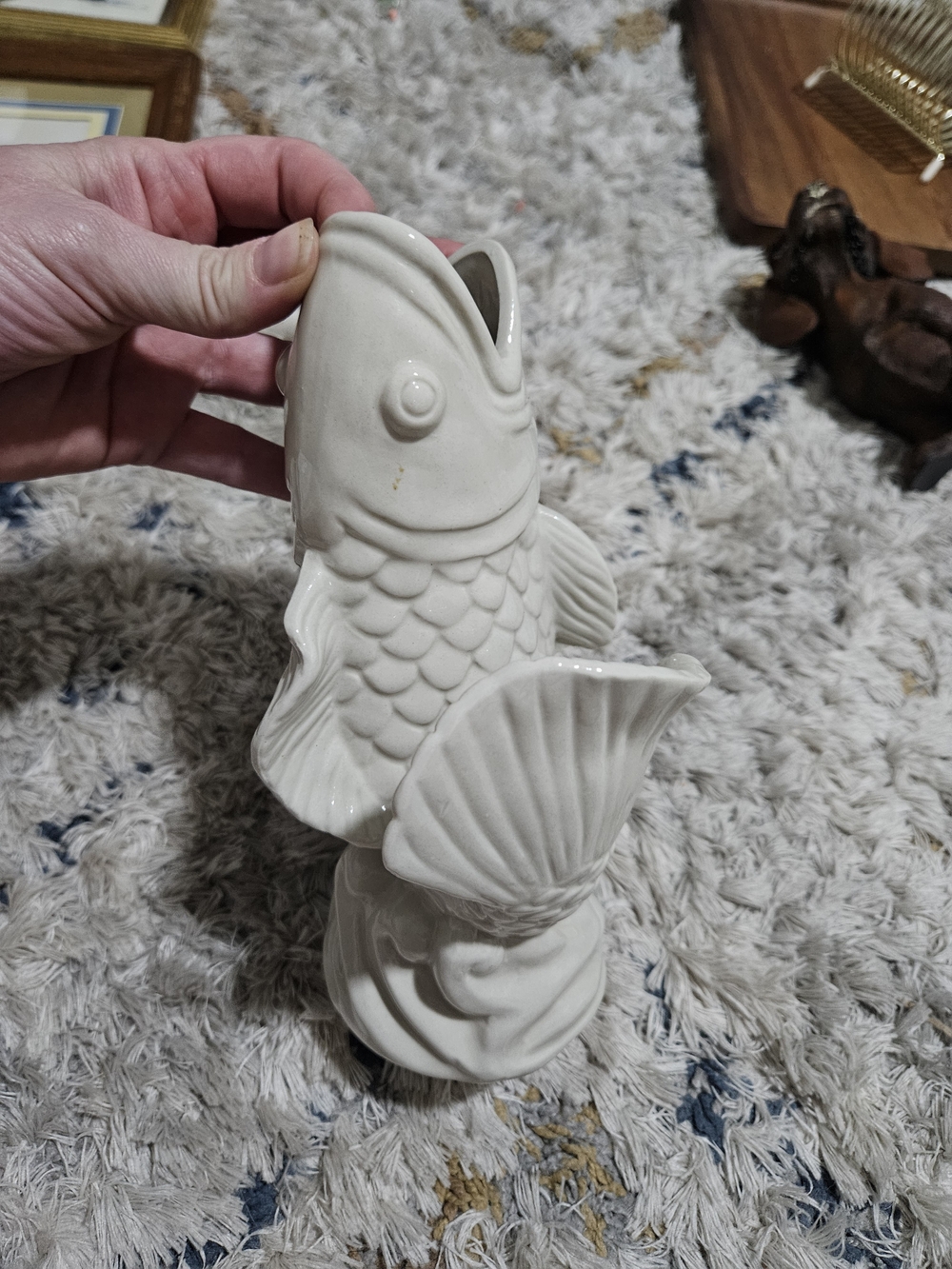 White Ceramic Jumping Koi Fish Figure / Vase for Decor